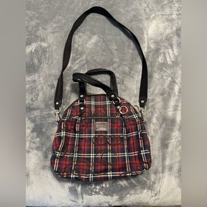 Red and blue plaid print Coach handbag